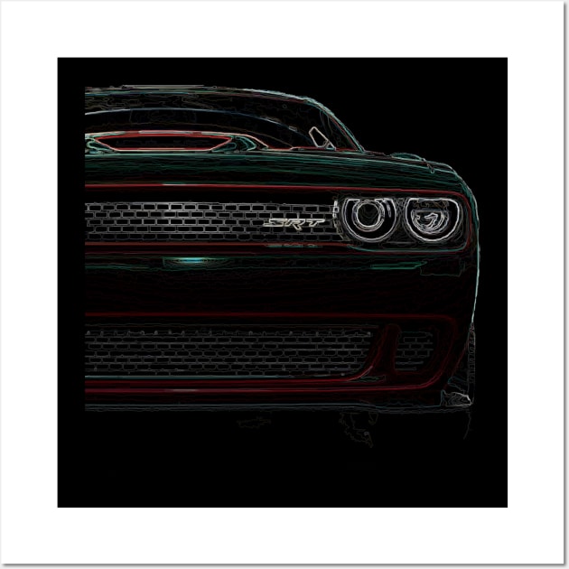 Black Dodge Challenger Fiery Front Half Body Highly Explosive Design Wall Art by GearHead Threads